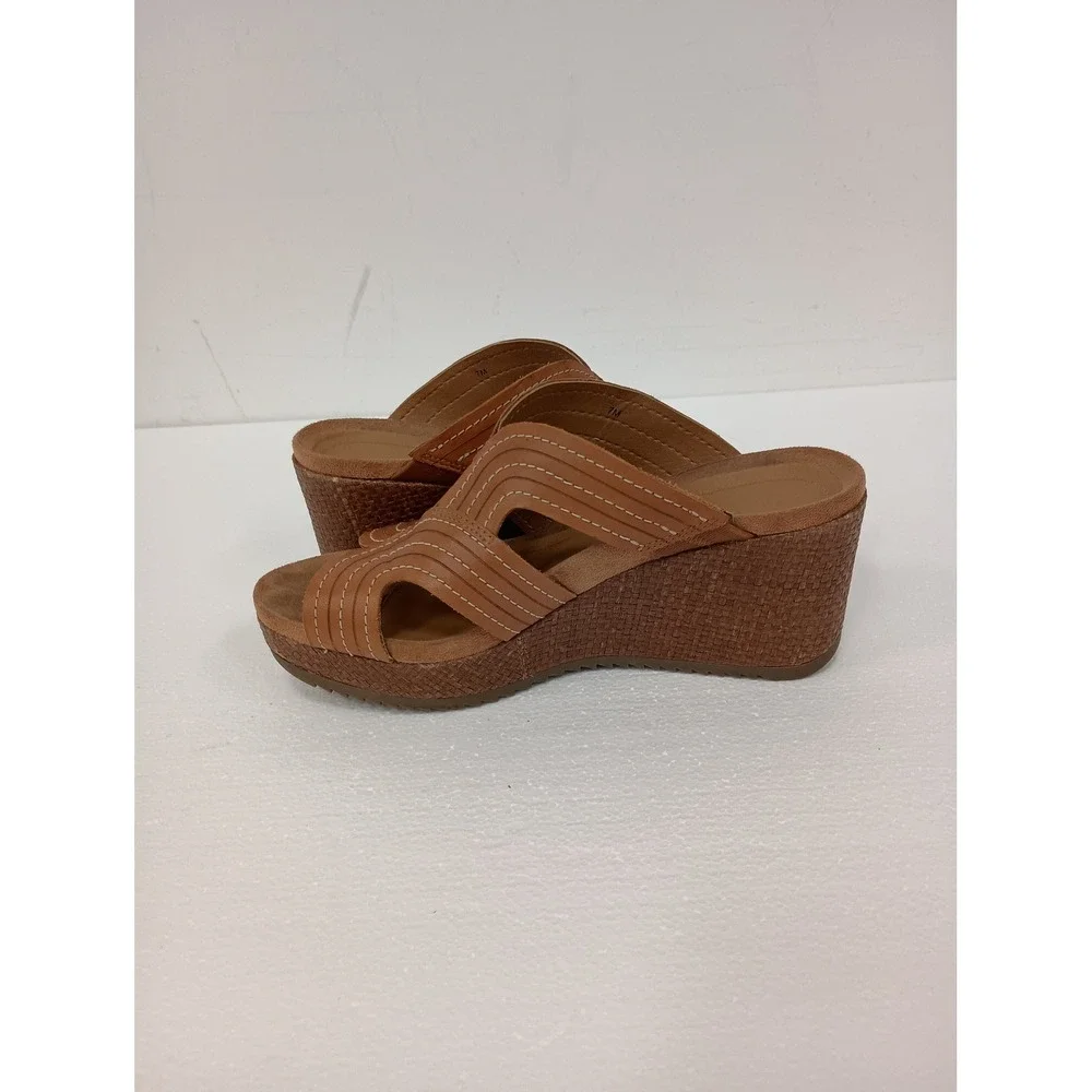 Vionic Wedge Sandals Womens 7M Brown Leather Orthotic Comfort Strappy Shoes